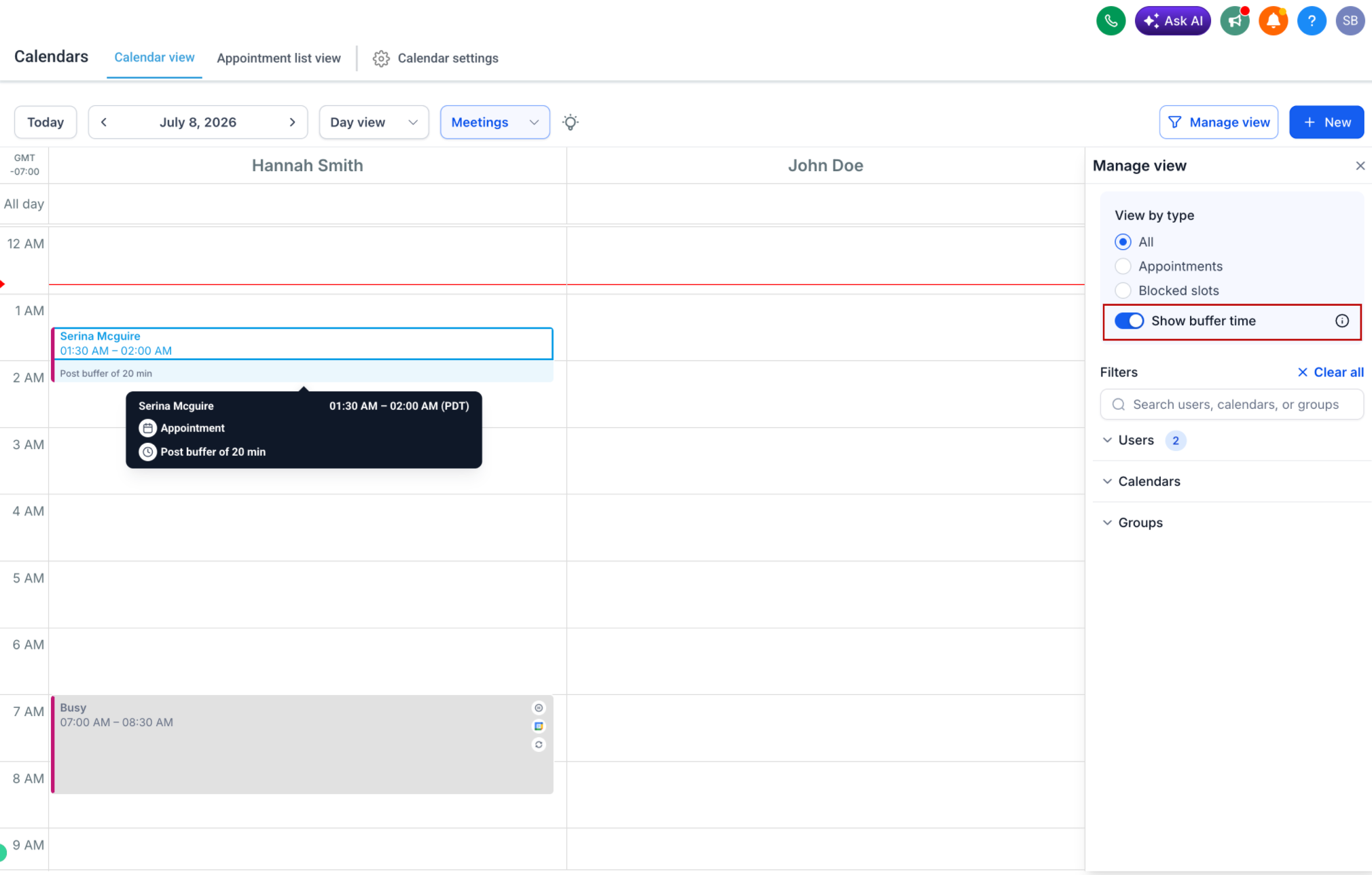 Tiempos de buffer visibles en el calendario