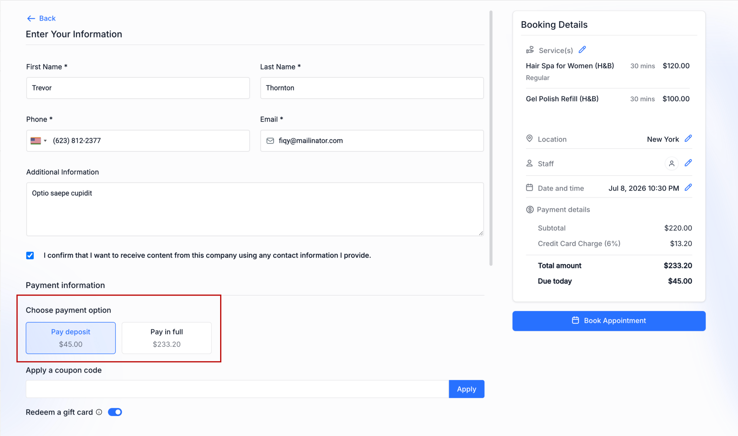 Services: elegir depósito o pago completo