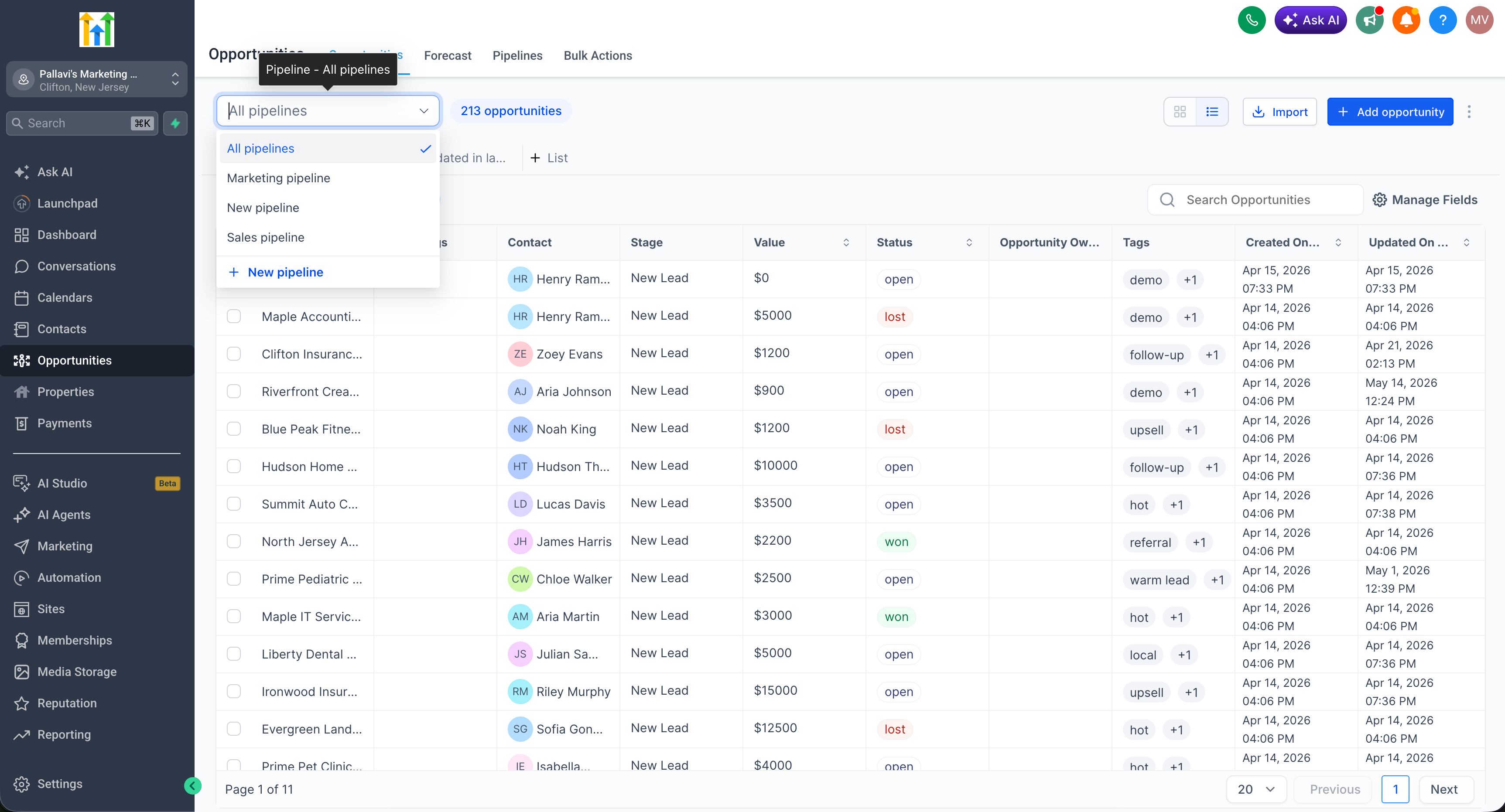 Todas las tuberías en pipeline dropdown