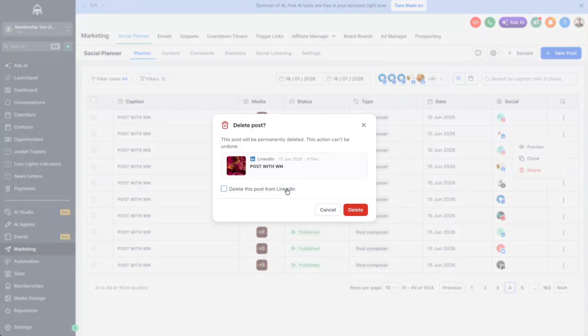 Eliminar publicaciones desde Social Planner