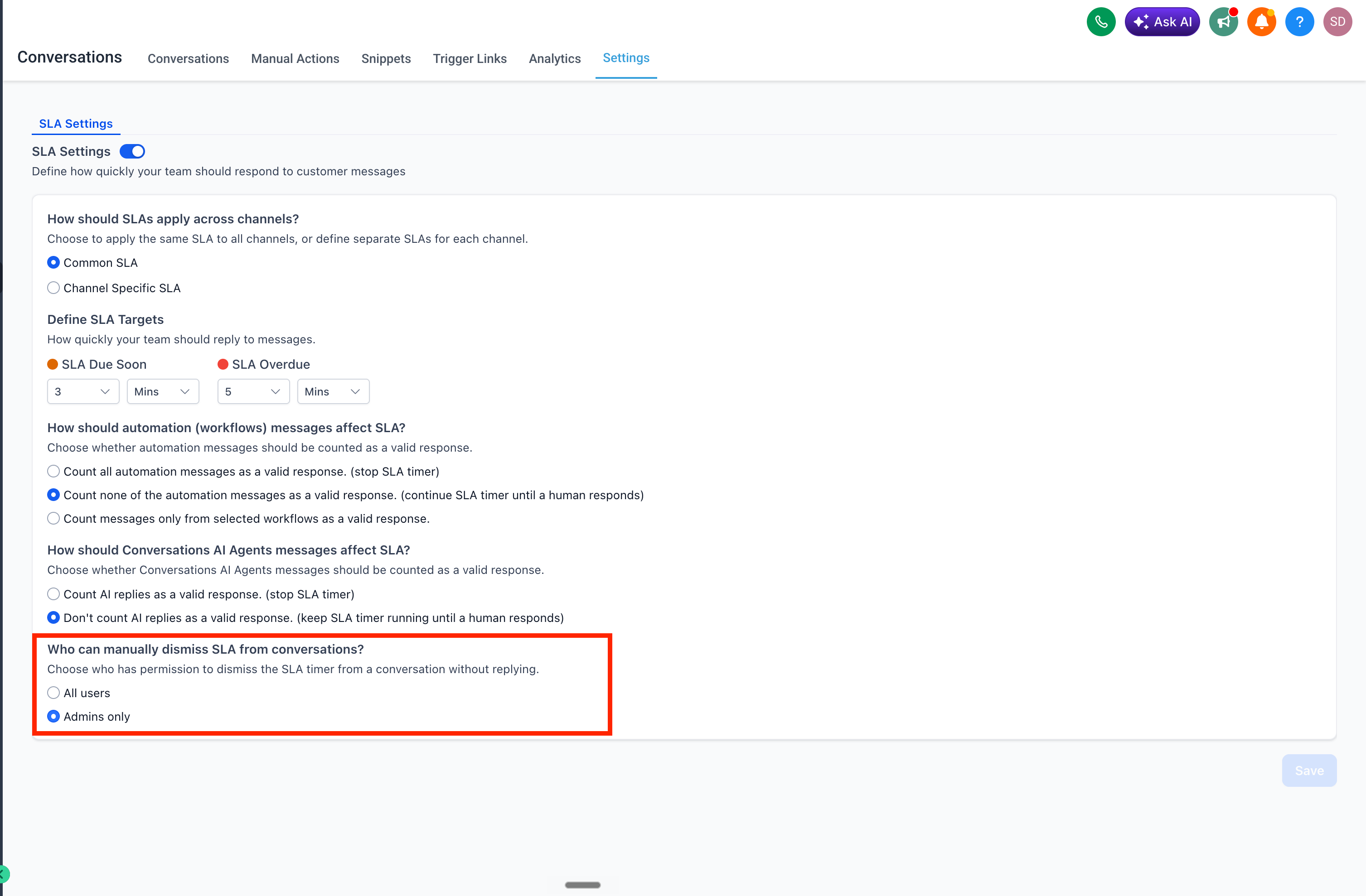SLA en conversaciones: trigger de workflow y permisos