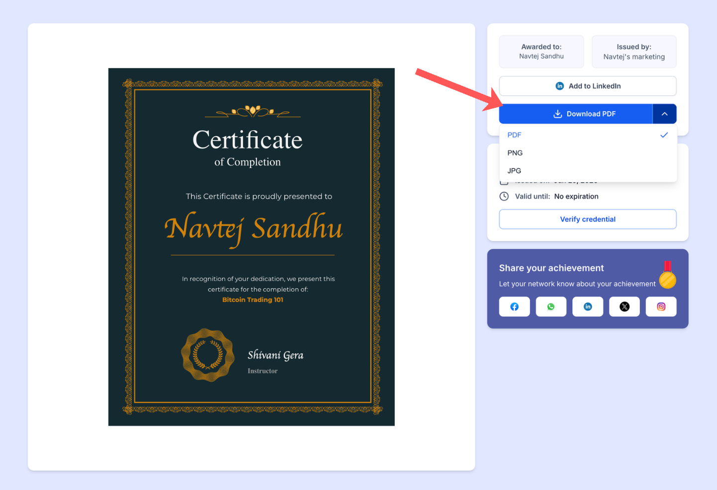 Certificados y badges: descarga en PDF, PNG o JPG