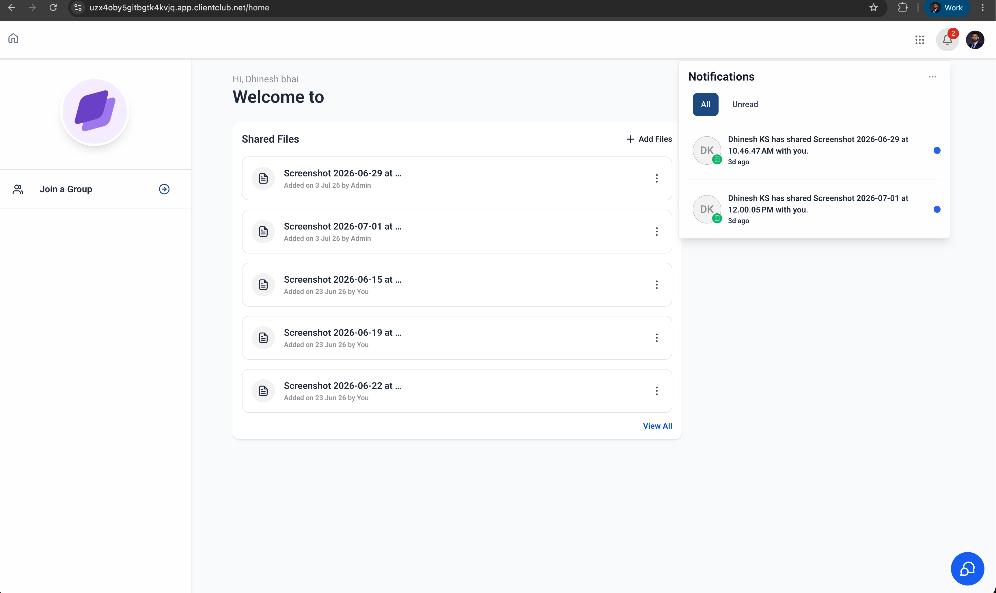 Notificaciones de archivos compartidos en el Client Portal